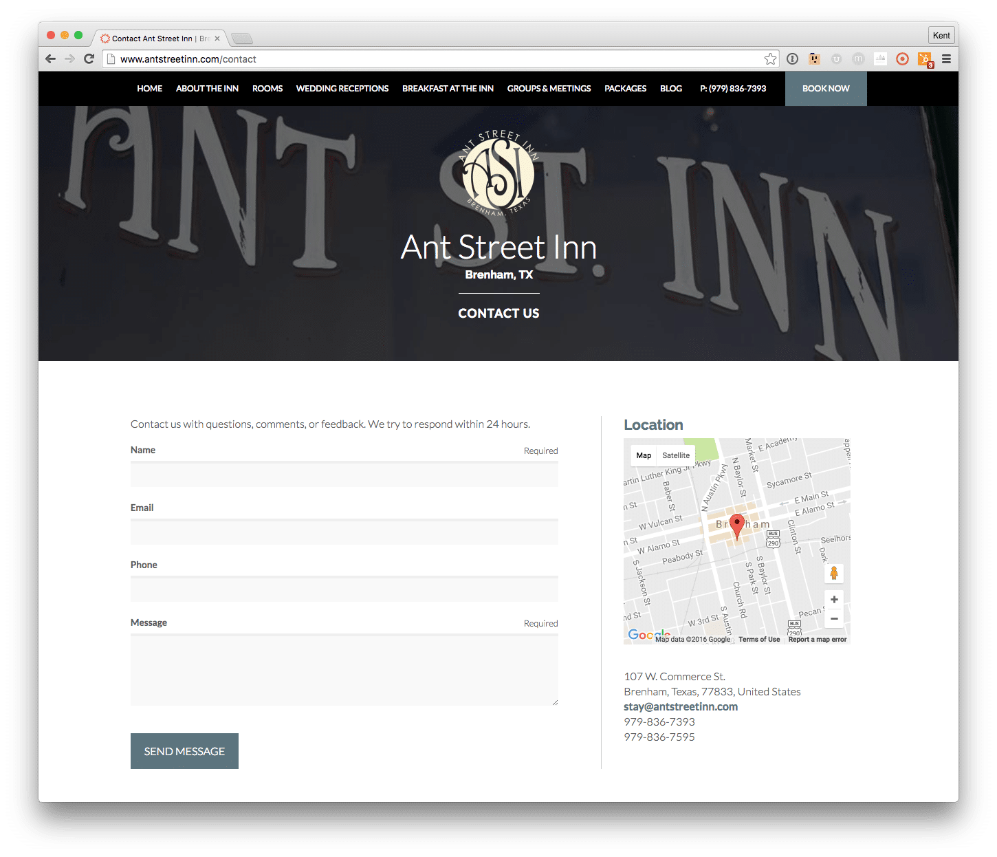 Ant Street Inn - good example of what a bed & breakfast website's contact page should look like
