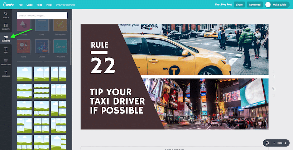 Use canva's pre-built elements to design your blog post title header image