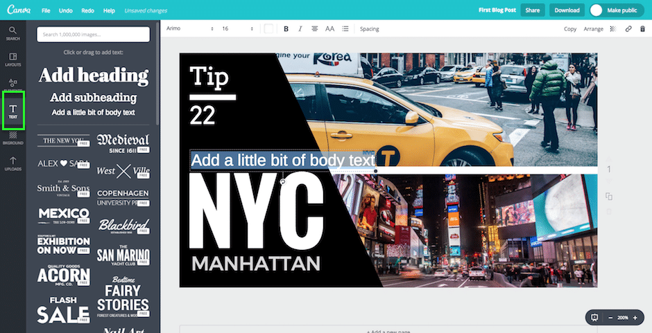 Use canva's to add text to your blog posts title header image