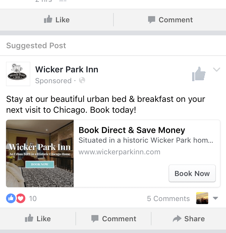example retargeting ad for a hotel on facebook